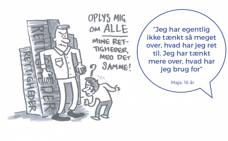 Tegning af en mand der står foran kasser, hvor der står 'RETTIGHEDER' på, med et barn der ser forvirret ud foran