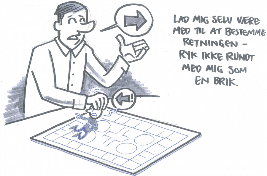 Tegning af en mand, med en talebobbel med en pil mod højre, der rykker rundt på en en dreng på et spillebræt, med en talebobbel med en pil mod venstre.