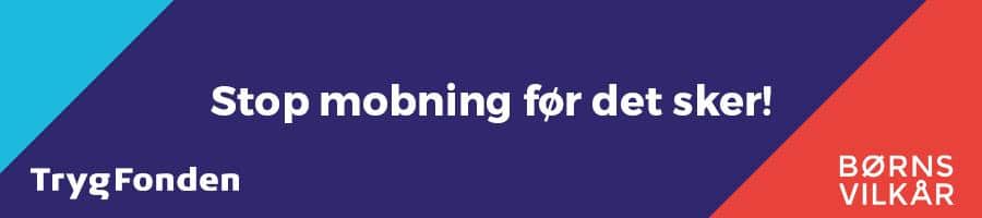 Banner for 'Stop mobning'-kampagne med TrygFondens og Børns Vilkårs logo i hjørnerne.