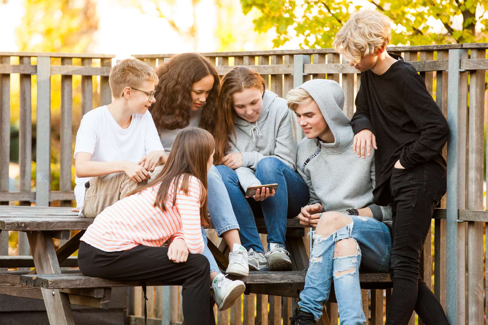 Seks børn sidder på en bænk og kigger på en telefon