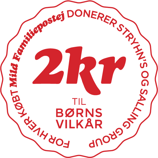 Indsamlingsmærke til Børns Vilkår der var på Stryhns produkter