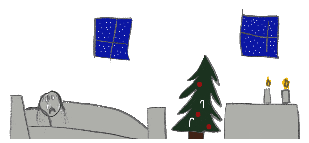 Animation af en grædende pige i seng ved siden af et juletræ