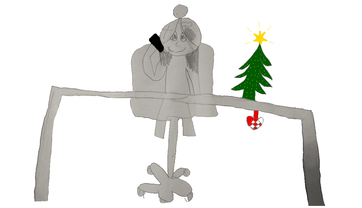 Animation af en pige der taler i telefon med et juletræ i baggrunden