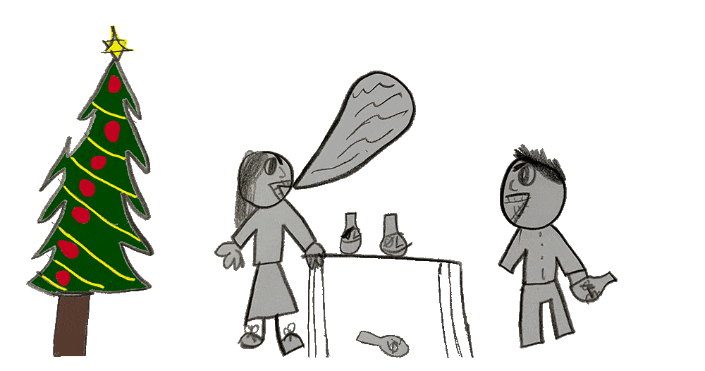 Animation af to voksne der skændes ved siden af et juletræ