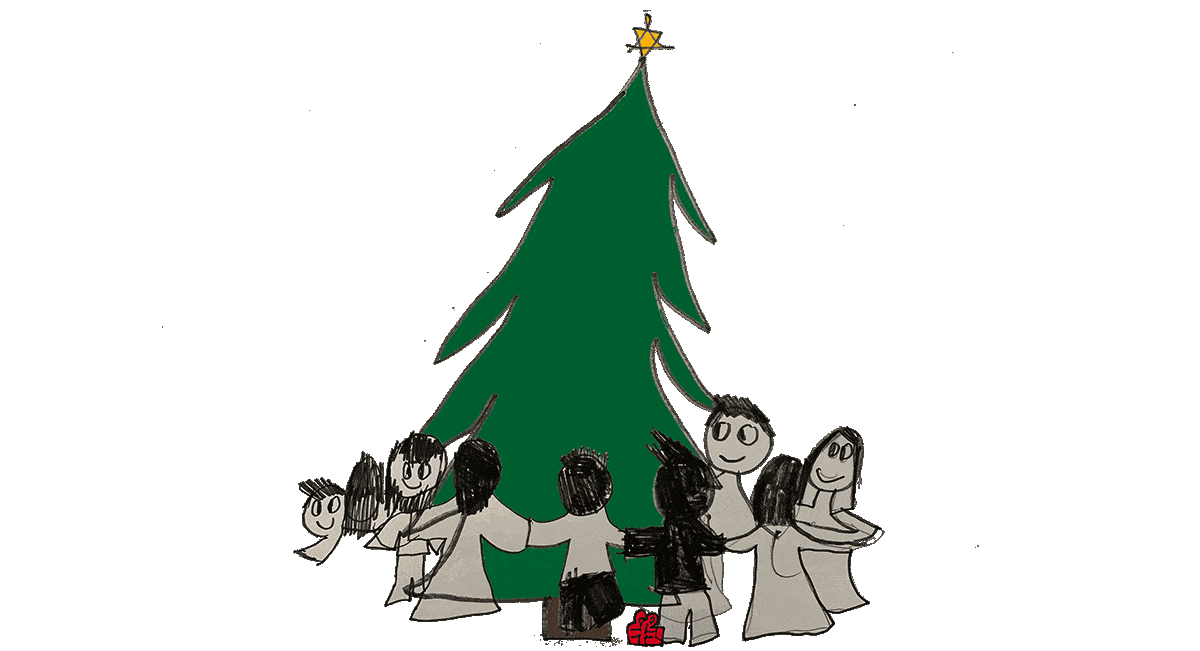 Animation af en familie omkring et juletræ