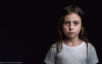 AI-genereret billede af en mørkhåret pige med blåt mærke i ansigtet kigger ind i kameraet