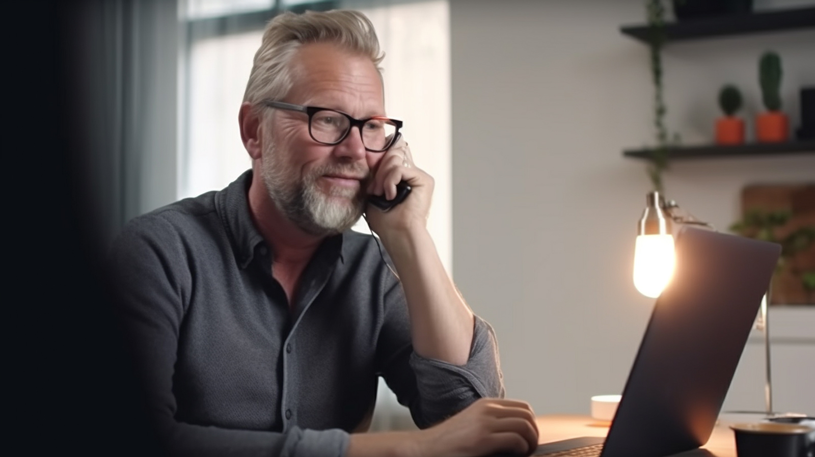 Mand med briller sidder og taler i telefon
