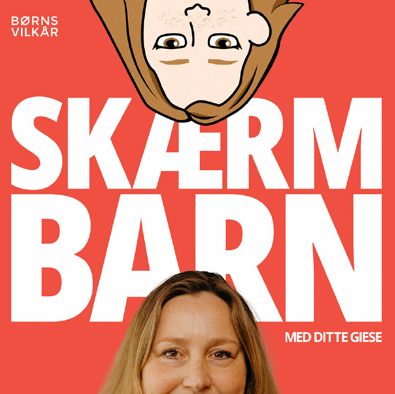 Rød baggrund med ordene "SKÆRM BARN" skrevet i hvid skrift, med toppen af hovedet af en kvinde i bunden og den tilsvarende del af en kvinde som Bitmoji i toppen