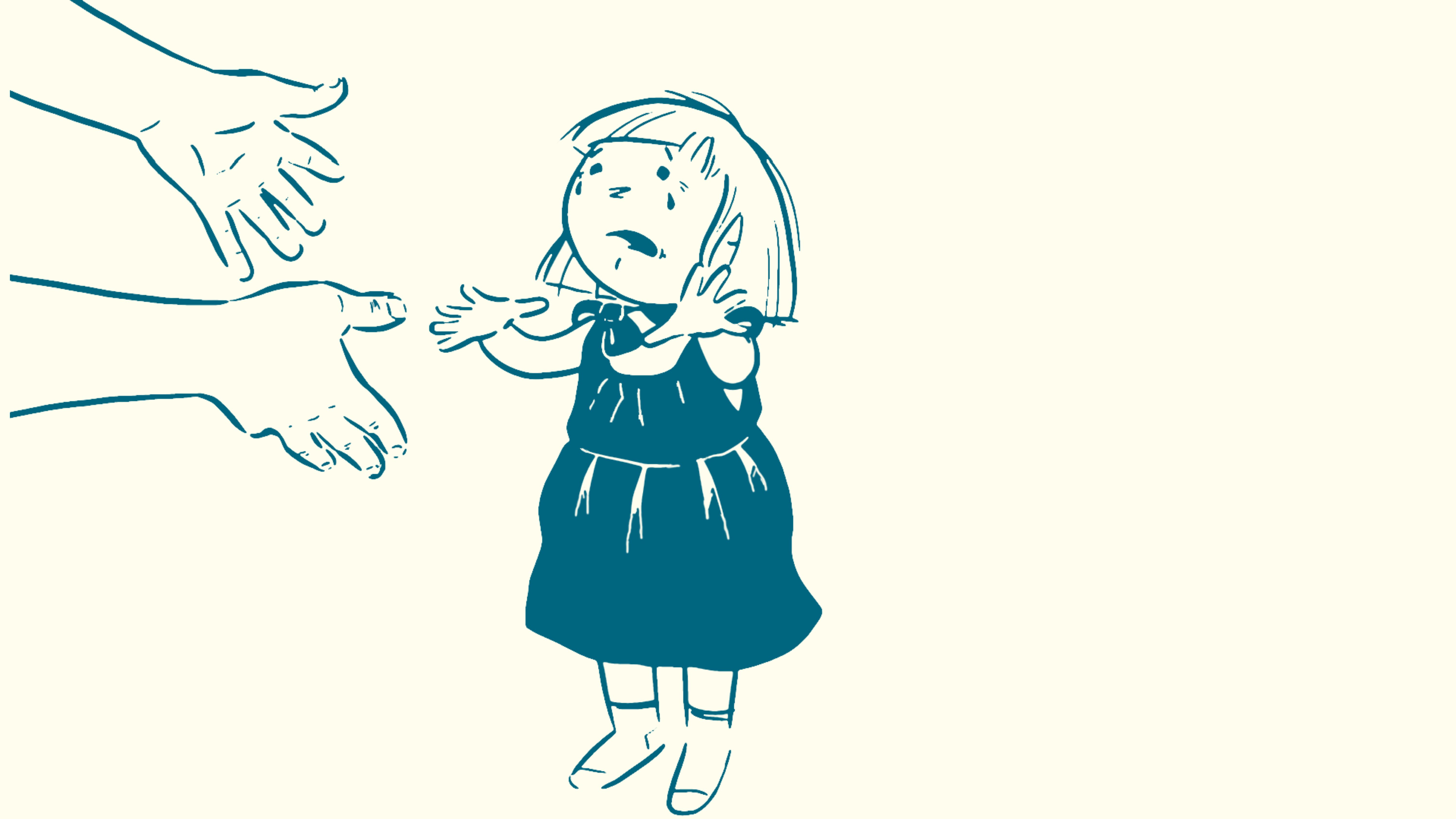 Tegning af grædende pige der rækker ud efter en voksens arme