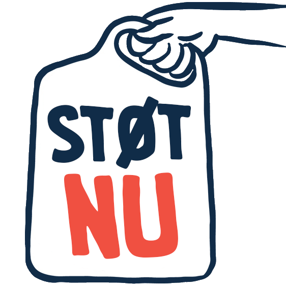Tegning af en hånd der holder en pose, hvor der står "STØT NU".
