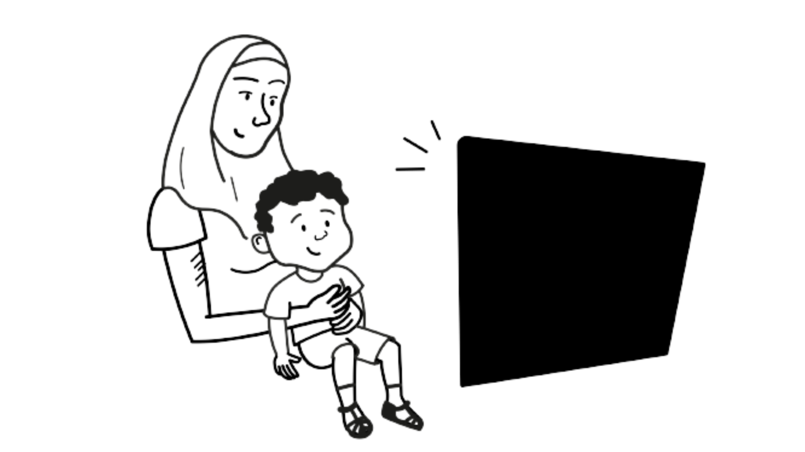 Tegning af kvinde i hijab og barn der ser TV