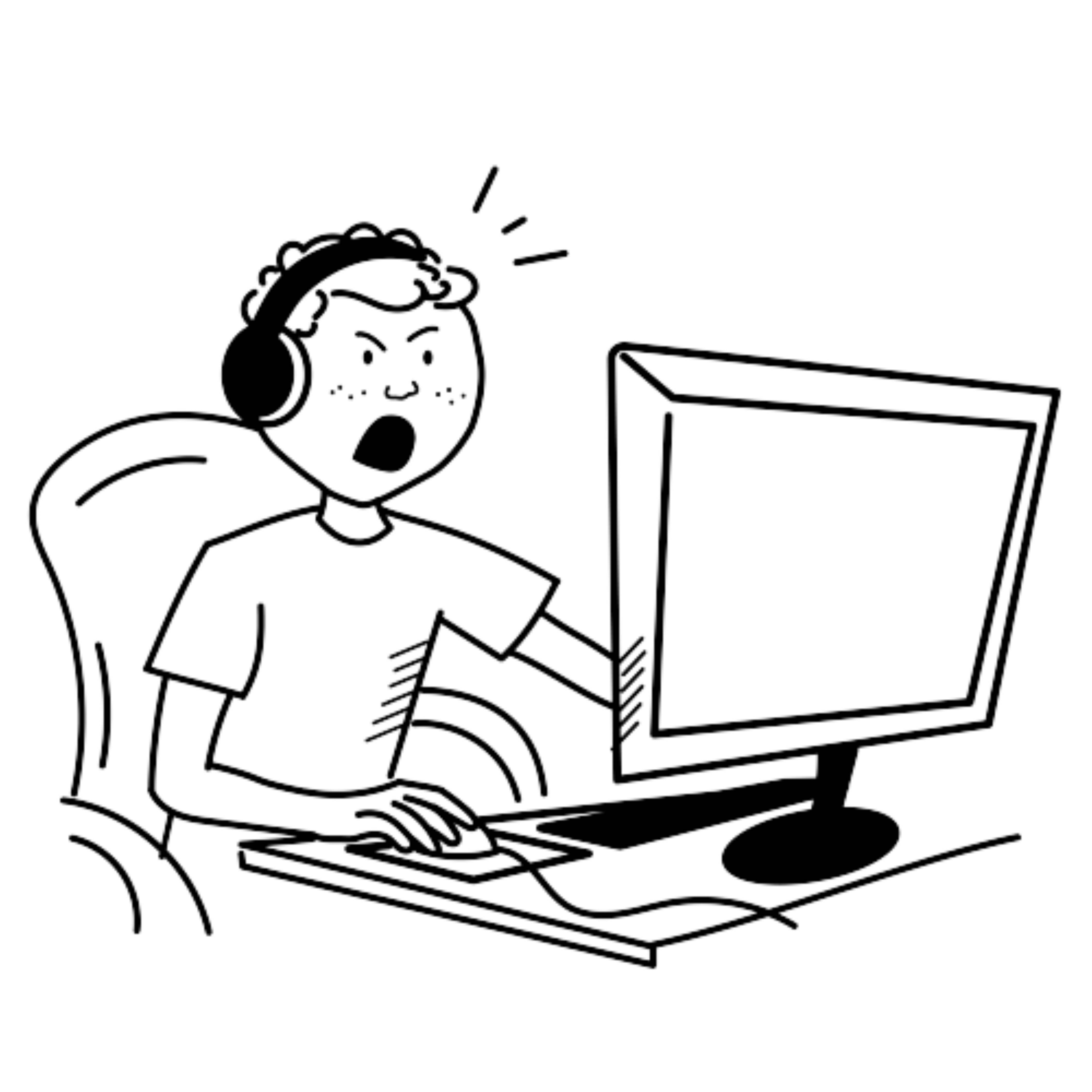 Tegning af en dreng med headset på, der råber ad sin skærm
