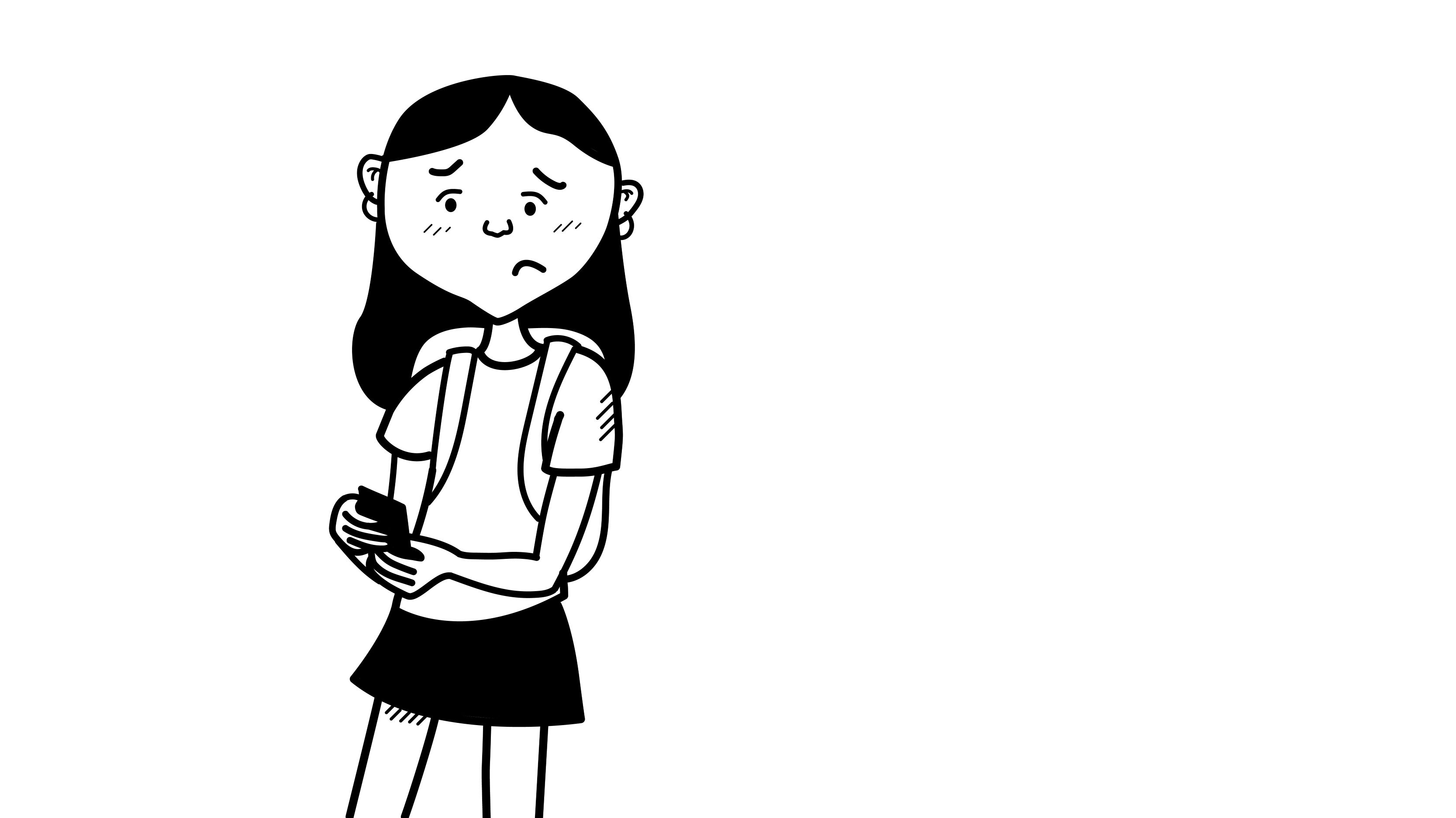 Tegning af trist pige der kigger på sin telefon