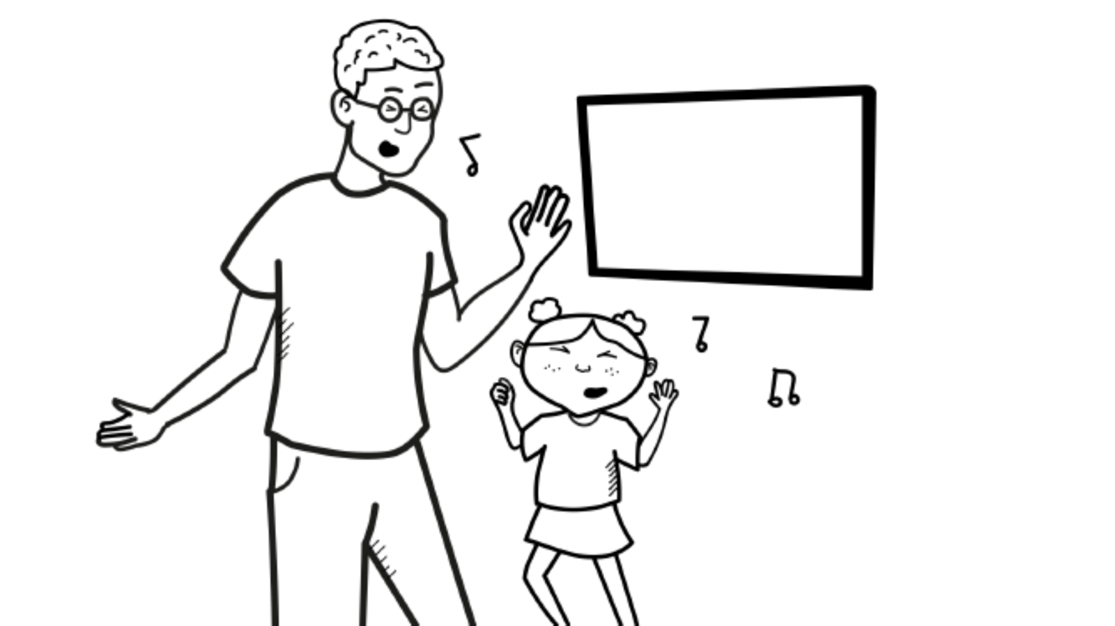 Tegning af far og datter der danser foran en skærm