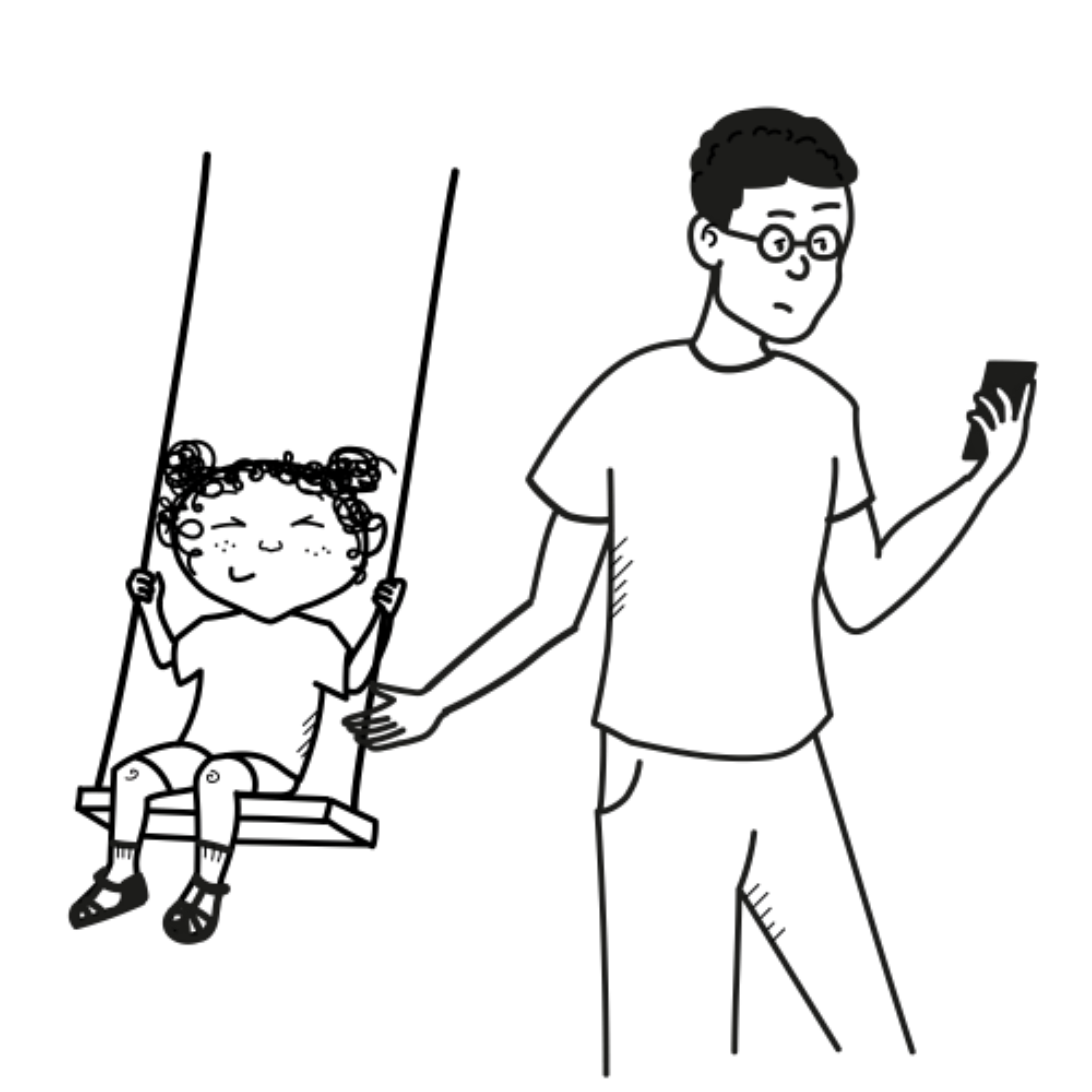 Tegning af en mand der kigger på sin mobil mens han skubber en lille pige på en gynge