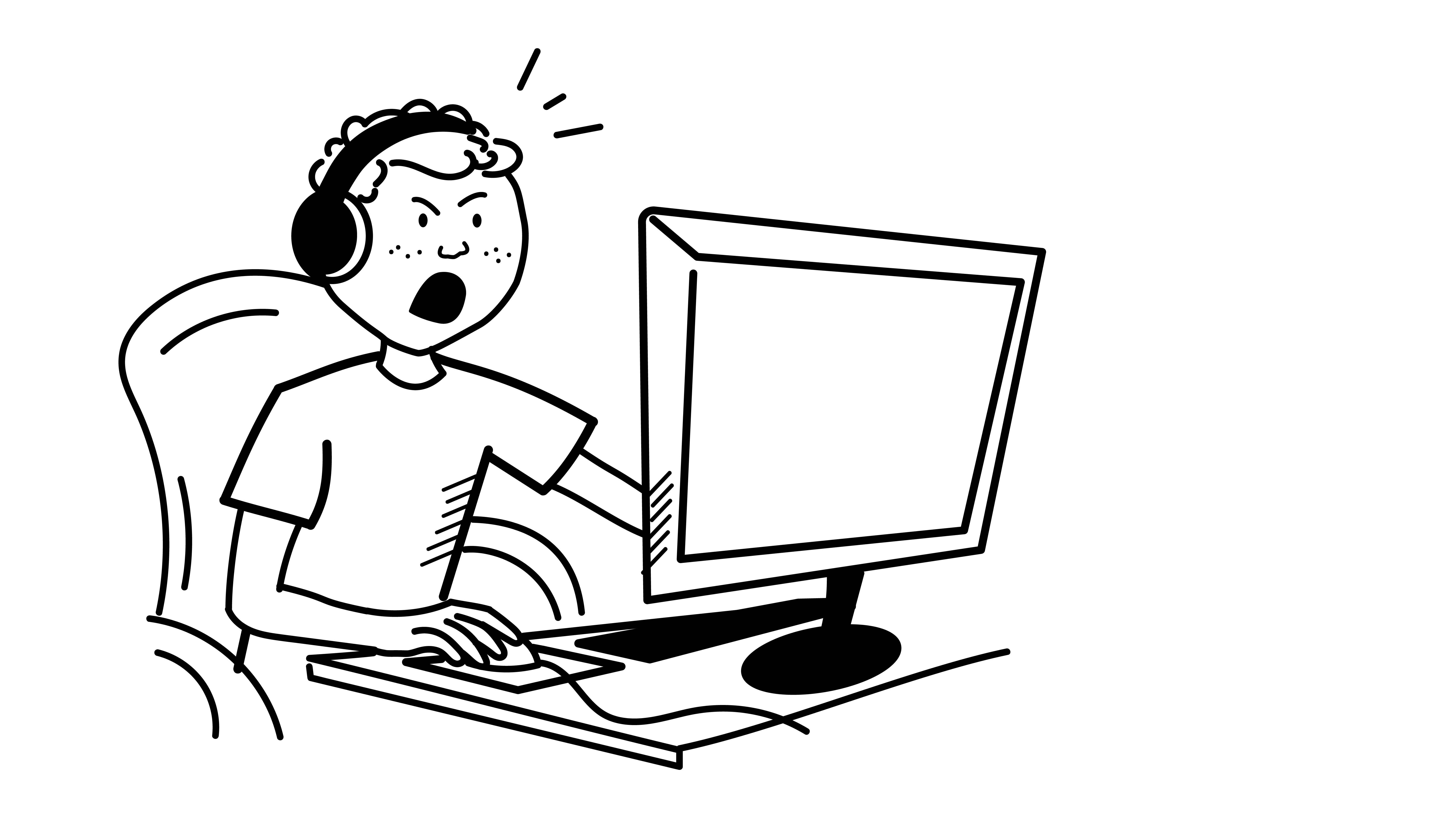Tegning af en dreng med headset på der råber ad sin skærm