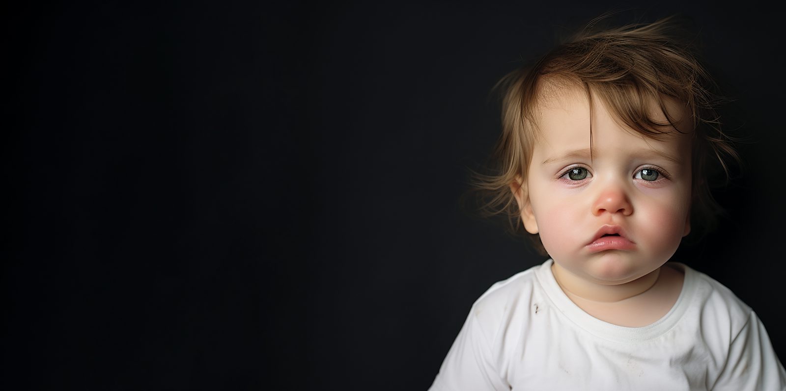 Brunhåret baby kigger ind i kameraet.