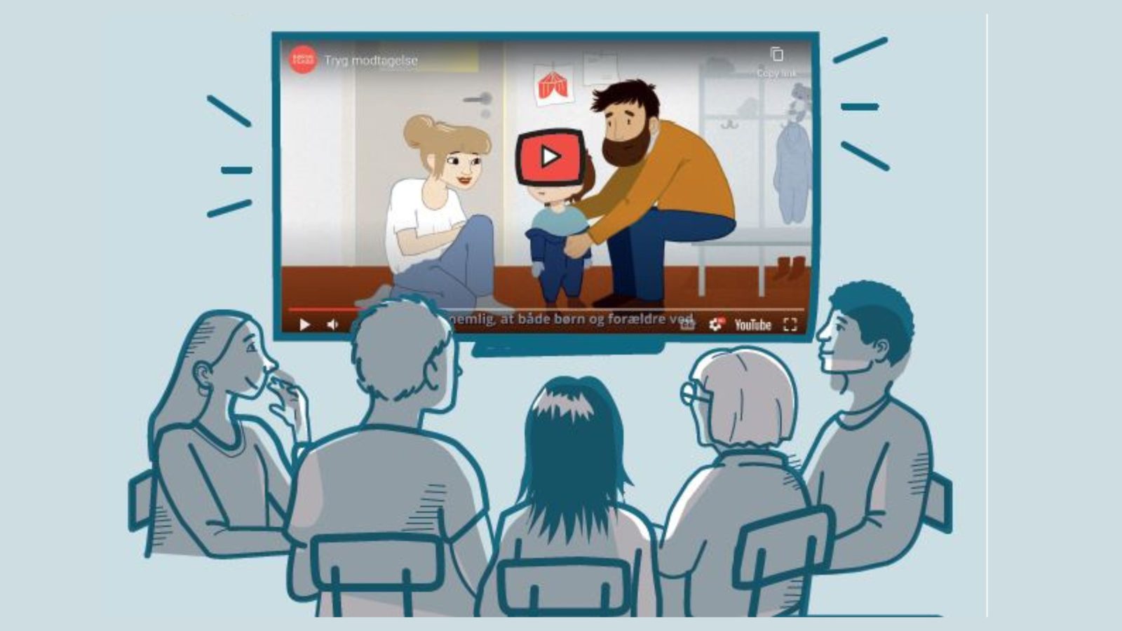 Tegning af en gruppe d er ser en video