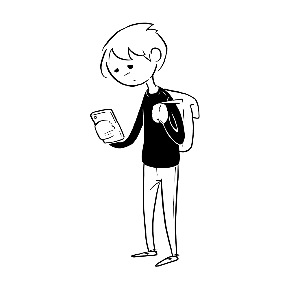 Tegning af dreng der kigger ned i sin mobil
