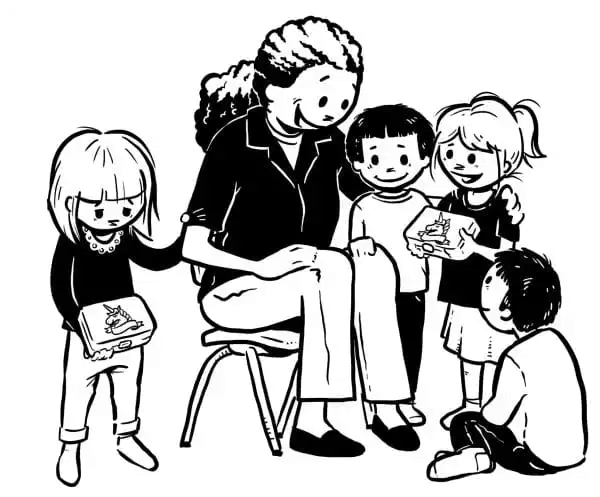 Tegning af en voksne, der taler med tre børn der viser en madkasse frem, mens der står en pige til venstre med samme madkasse og ser trist ud.