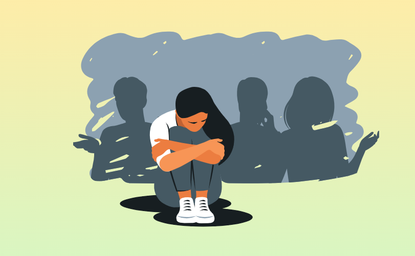 Tegning af grønlands pige der sidder på hug og er trist