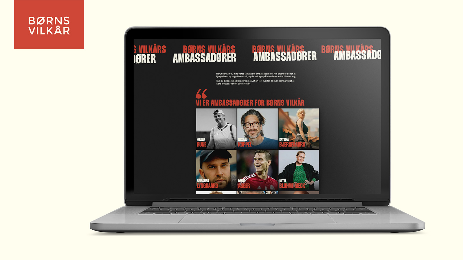 Laptop med billede af Børns Vilkårs nye ambassadøre