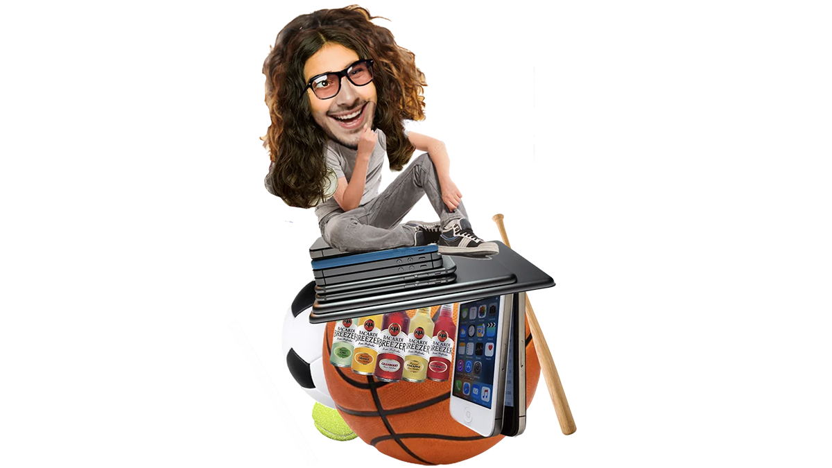 Sammenklipning der forestiller en mand med langt hår der sidder på en computer ovenpå en basketball