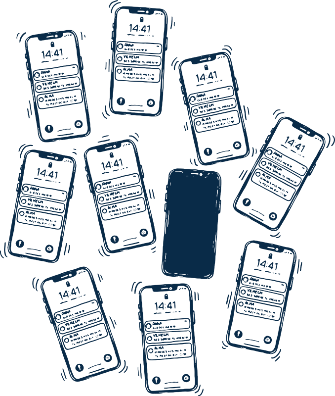 Tegning af 10 telefoner