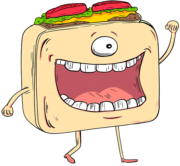 Tegning af en grinende et-øjet sandwich