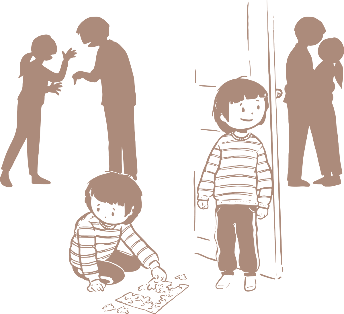 Tegning af dreng der lægger puslespil mens hans forældre skændes og derefter samme dreng der ser sine forældre blive gode venner igen