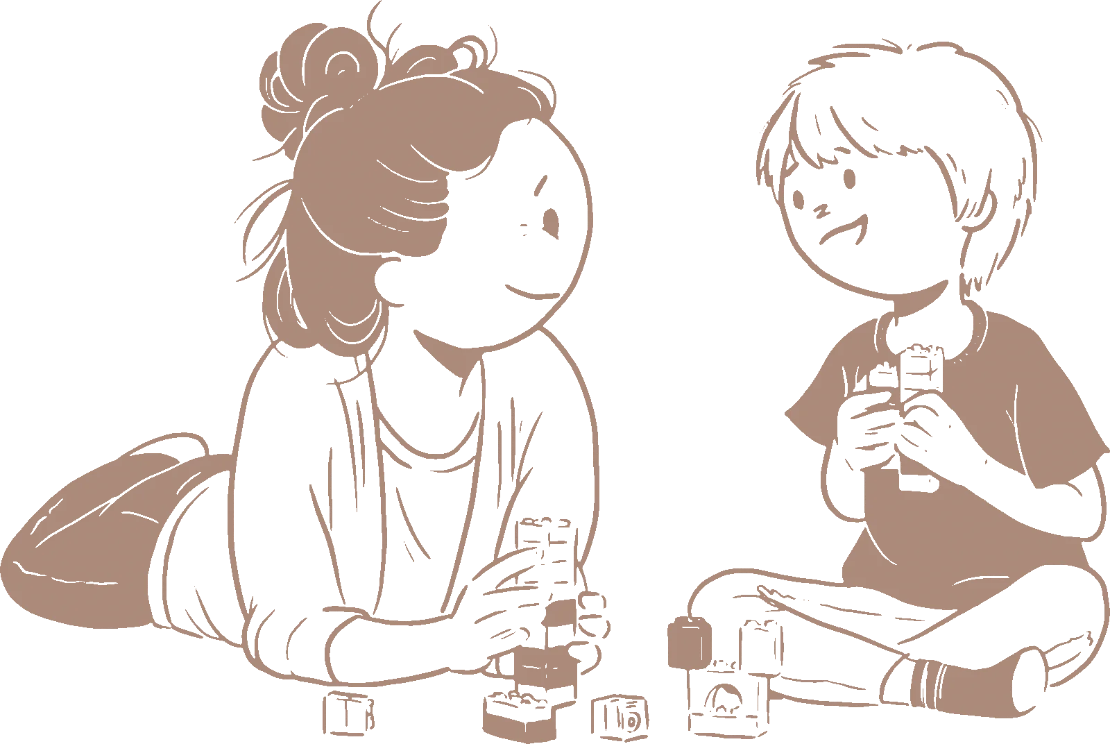 Tegning af en kvinde og en dreng der leger med lego.